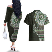 Fijian Masi Tribal Tattoos Art Pattern Couples Matching Off The Shoulder Long Sleeve Dress and Hawaiian Shirt Green Color Half Style LT03 - Polynesian Pride