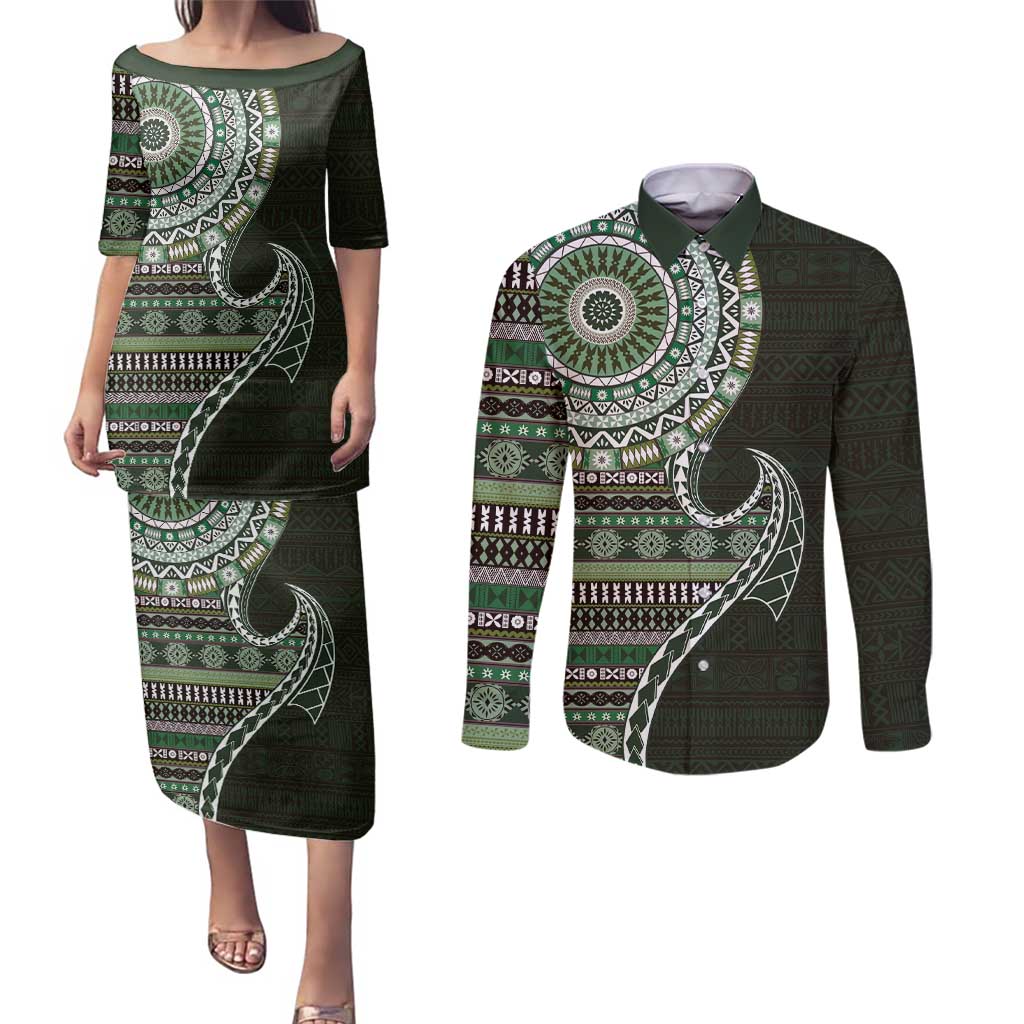 Fijian Masi Tribal Tattoos Art Pattern Couples Matching Puletasi and Long Sleeve Button Shirt Green Color Half Style LT03 Green - Polynesian Pride
