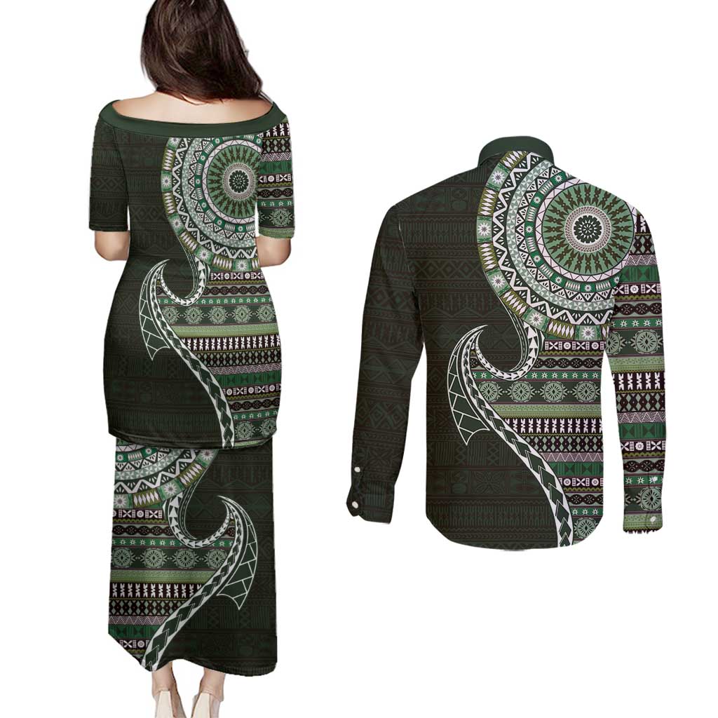 Fijian Masi Tribal Tattoos Art Pattern Couples Matching Puletasi and Long Sleeve Button Shirt Green Color Half Style LT03 - Polynesian Pride
