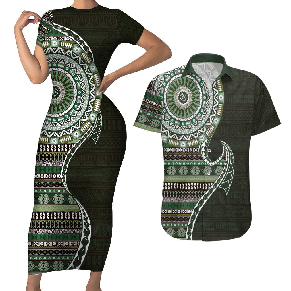 Fijian Masi Tribal Tattoos Art Pattern Couples Matching Short Sleeve Bodycon Dress and Hawaiian Shirt Green Color Half Style - Polynesian Pride