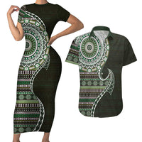 Fijian Masi Tribal Tattoos Art Pattern Couples Matching Short Sleeve Bodycon Dress and Hawaiian Shirt Green Color Half Style - Polynesian Pride