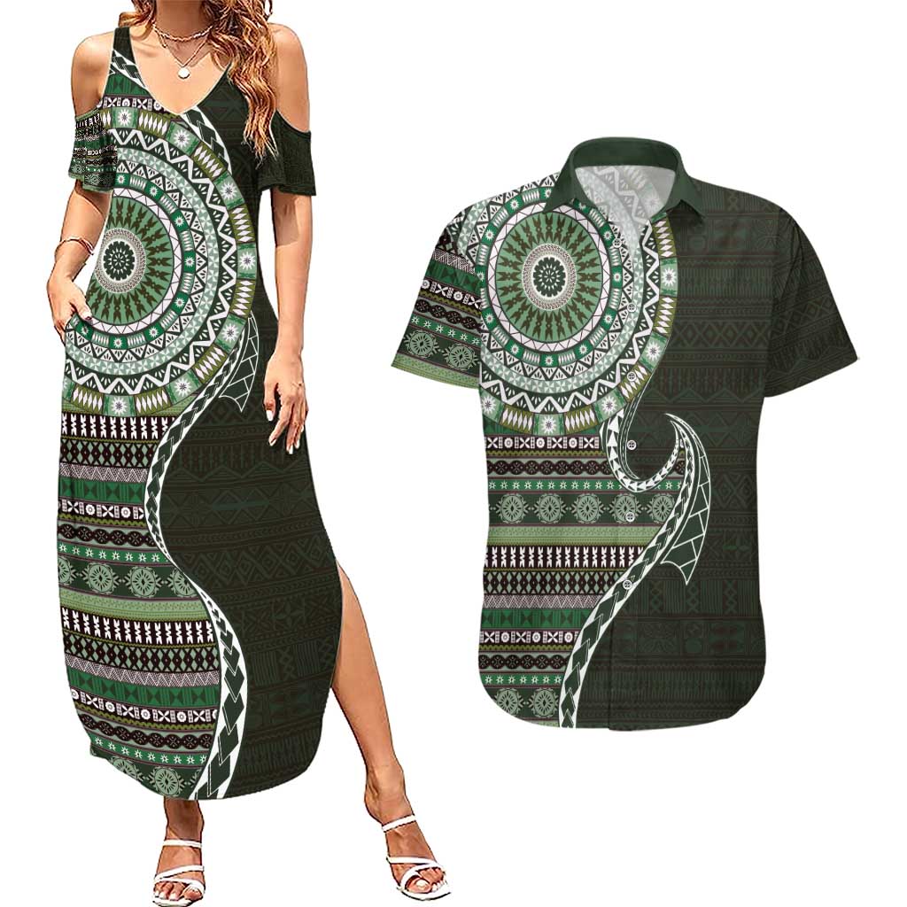 Fijian Masi Tribal Tattoos Art Pattern Couples Matching Summer Maxi Dress and Hawaiian Shirt Green Color Half Style LT03 Green - Polynesian Pride