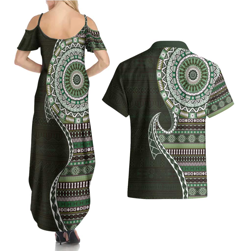 Fijian Masi Tribal Tattoos Art Pattern Couples Matching Summer Maxi Dress and Hawaiian Shirt Green Color Half Style LT03 - Polynesian Pride