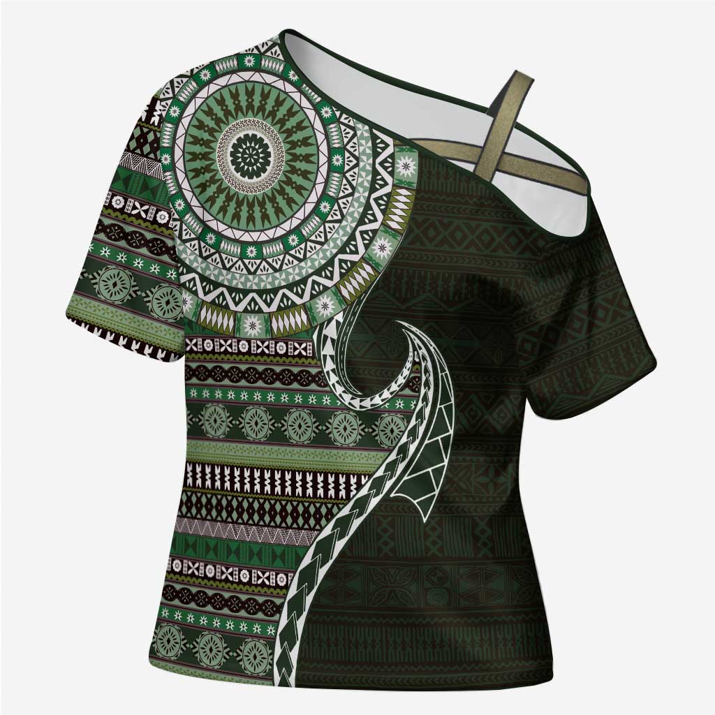 Fijian Masi Tribal Tattoos Art Pattern Cross Shoulder Shirt Green Color Half Style LT03 Female Green - Polynesian Pride