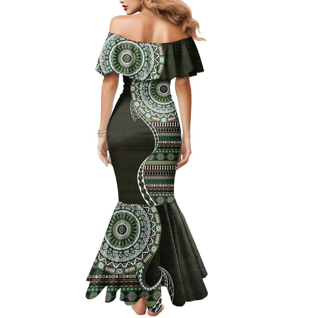 Fijian Masi Tribal Tattoos Art Pattern Family Matching Mermaid Dress and Hawaiian Shirt Green Color Half Style - Polynesian Pride