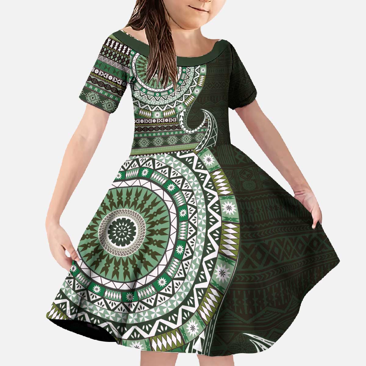 Fijian Masi Tribal Tattoos Art Pattern Family Matching Off The Shoulder Long Sleeve Dress and Hawaiian Shirt Green Color Half Style - Polynesian Pride