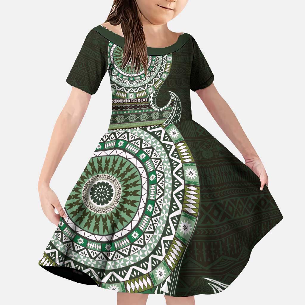 Fijian Masi Tribal Tattoos Art Pattern Family Matching Off Shoulder Maxi Dress and Hawaiian Shirt Green Color Half Style - Polynesian Pride
