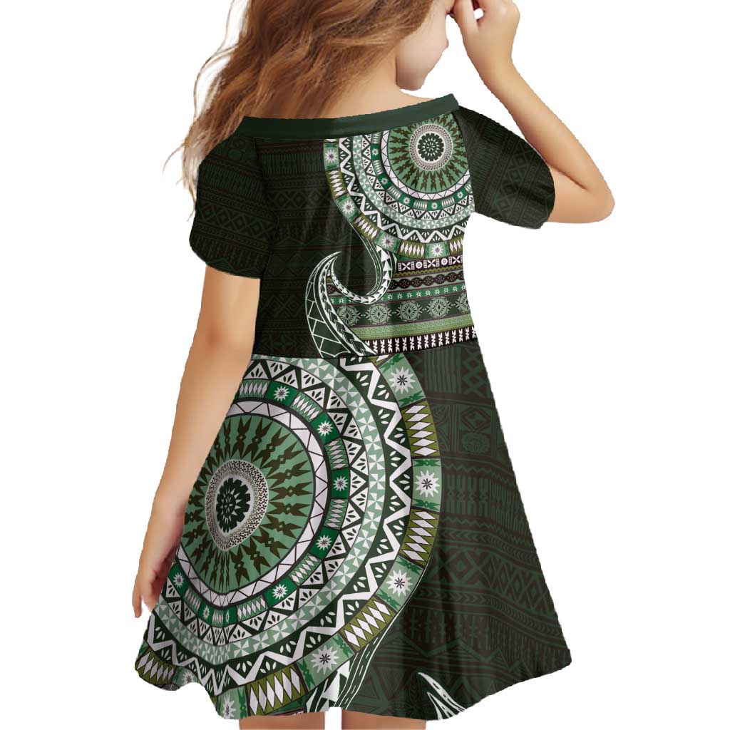 Fijian Masi Tribal Tattoos Art Pattern Family Matching Off Shoulder Maxi Dress and Hawaiian Shirt Green Color Half Style - Polynesian Pride
