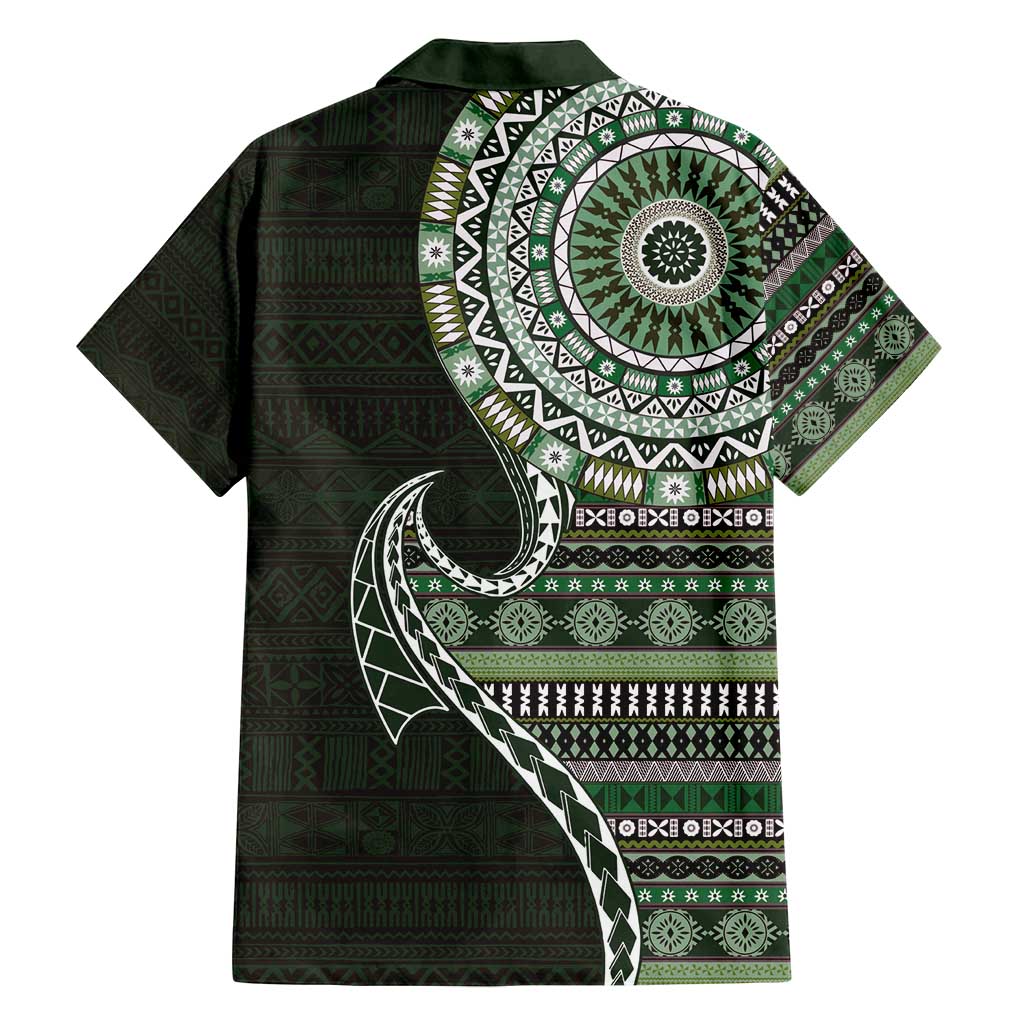 Fijian Masi Tribal Tattoos Art Pattern Family Matching Off Shoulder Maxi Dress and Hawaiian Shirt Green Color Half Style - Polynesian Pride