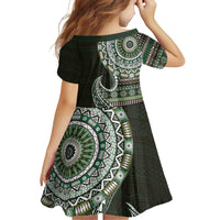 Fijian Masi Tribal Tattoos Art Pattern Family Matching Off Shoulder Short Dress and Hawaiian Shirt Green Color Half Style - Polynesian Pride