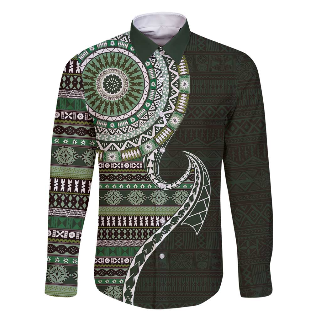 Fijian Masi Tribal Tattoos Art Pattern Family Matching Off Shoulder Short Dress and Hawaiian Shirt Green Color Half Style - Polynesian Pride