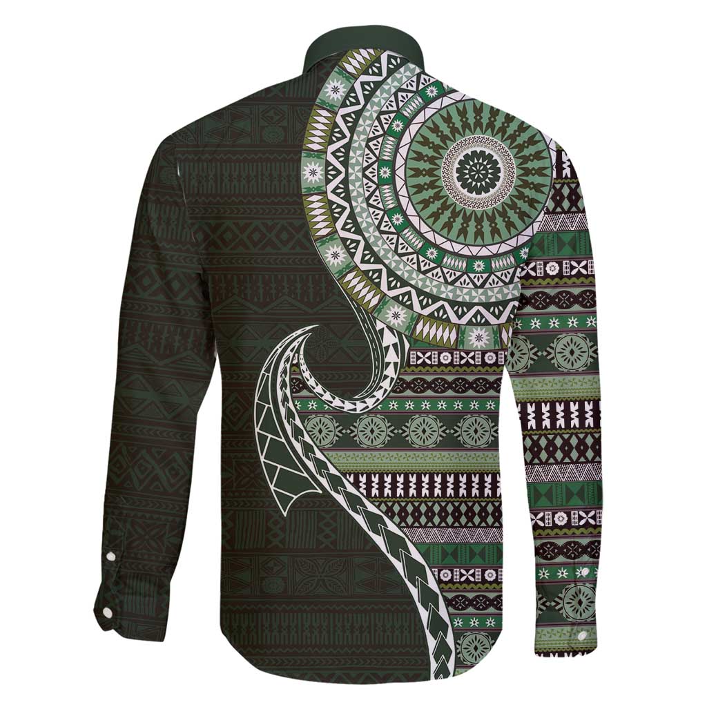 Fijian Masi Tribal Tattoos Art Pattern Family Matching Off Shoulder Short Dress and Hawaiian Shirt Green Color Half Style - Polynesian Pride