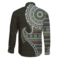 Fijian Masi Tribal Tattoos Art Pattern Family Matching Off Shoulder Short Dress and Hawaiian Shirt Green Color Half Style - Polynesian Pride