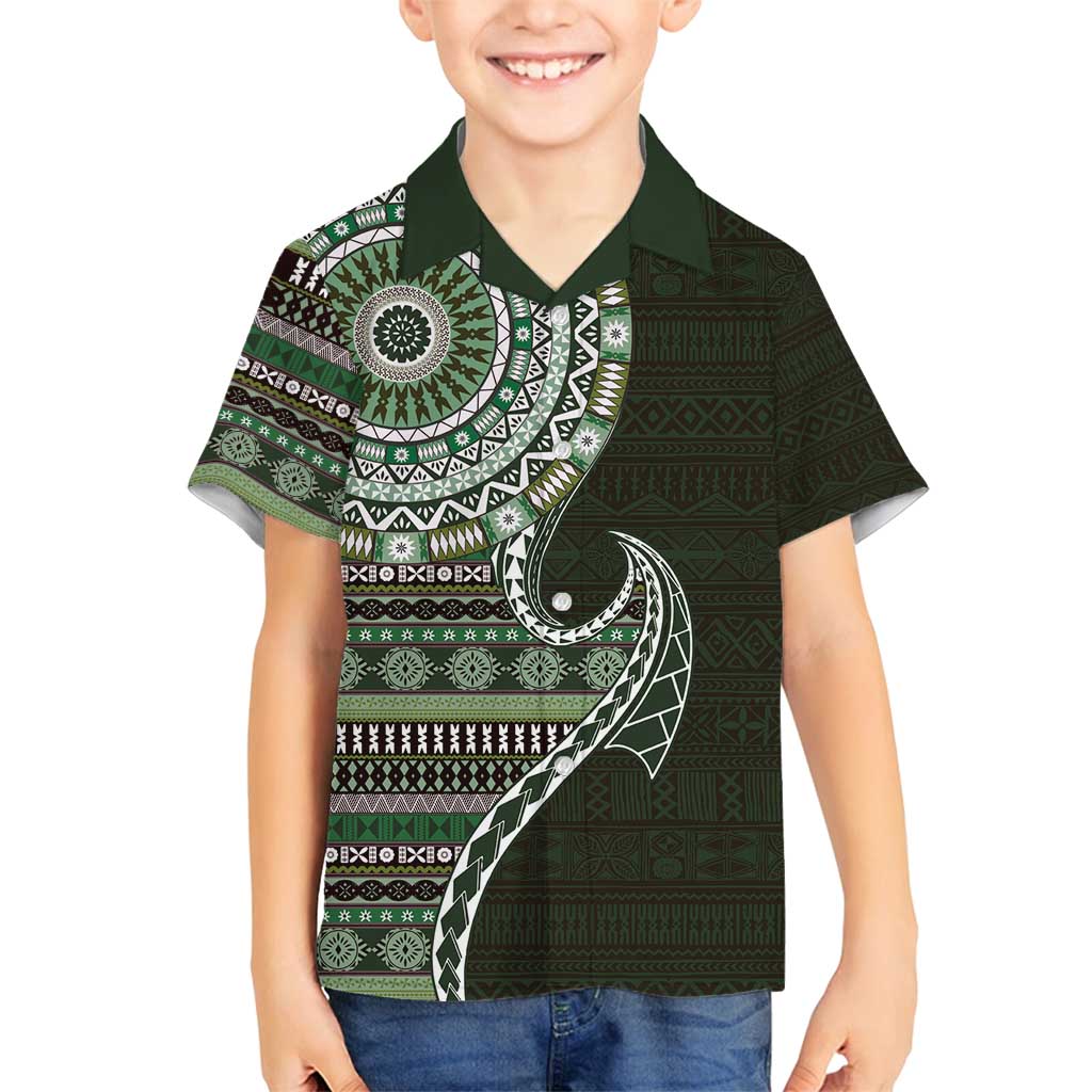 Fijian Masi Tribal Tattoos Art Pattern Family Matching Off Shoulder Short Dress and Hawaiian Shirt Green Color Half Style - Polynesian Pride