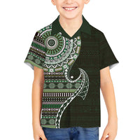 Fijian Masi Tribal Tattoos Art Pattern Family Matching Off Shoulder Short Dress and Hawaiian Shirt Green Color Half Style - Polynesian Pride