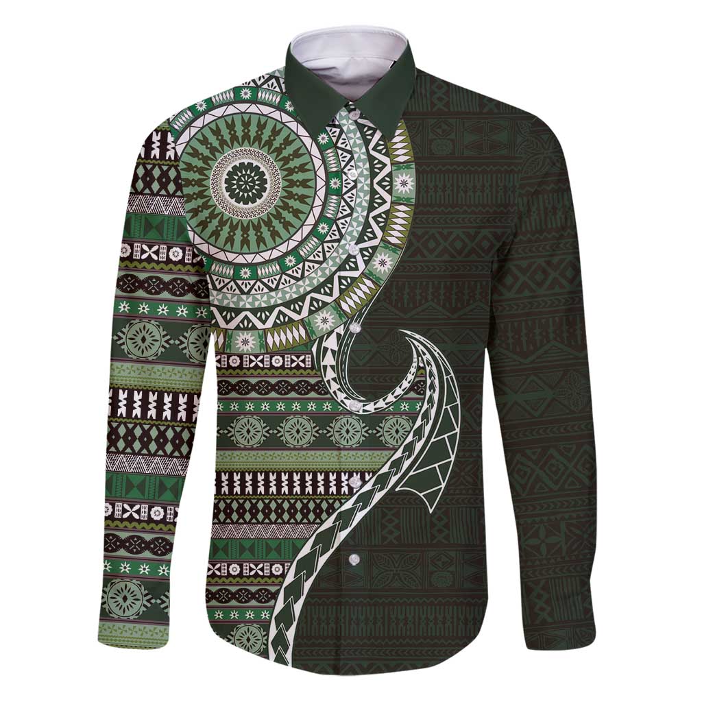 Fijian Masi Tribal Tattoos Art Pattern Family Matching Puletasi and Hawaiian Shirt Green Color Half Style - Polynesian Pride