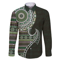 Fijian Masi Tribal Tattoos Art Pattern Family Matching Puletasi and Hawaiian Shirt Green Color Half Style - Polynesian Pride