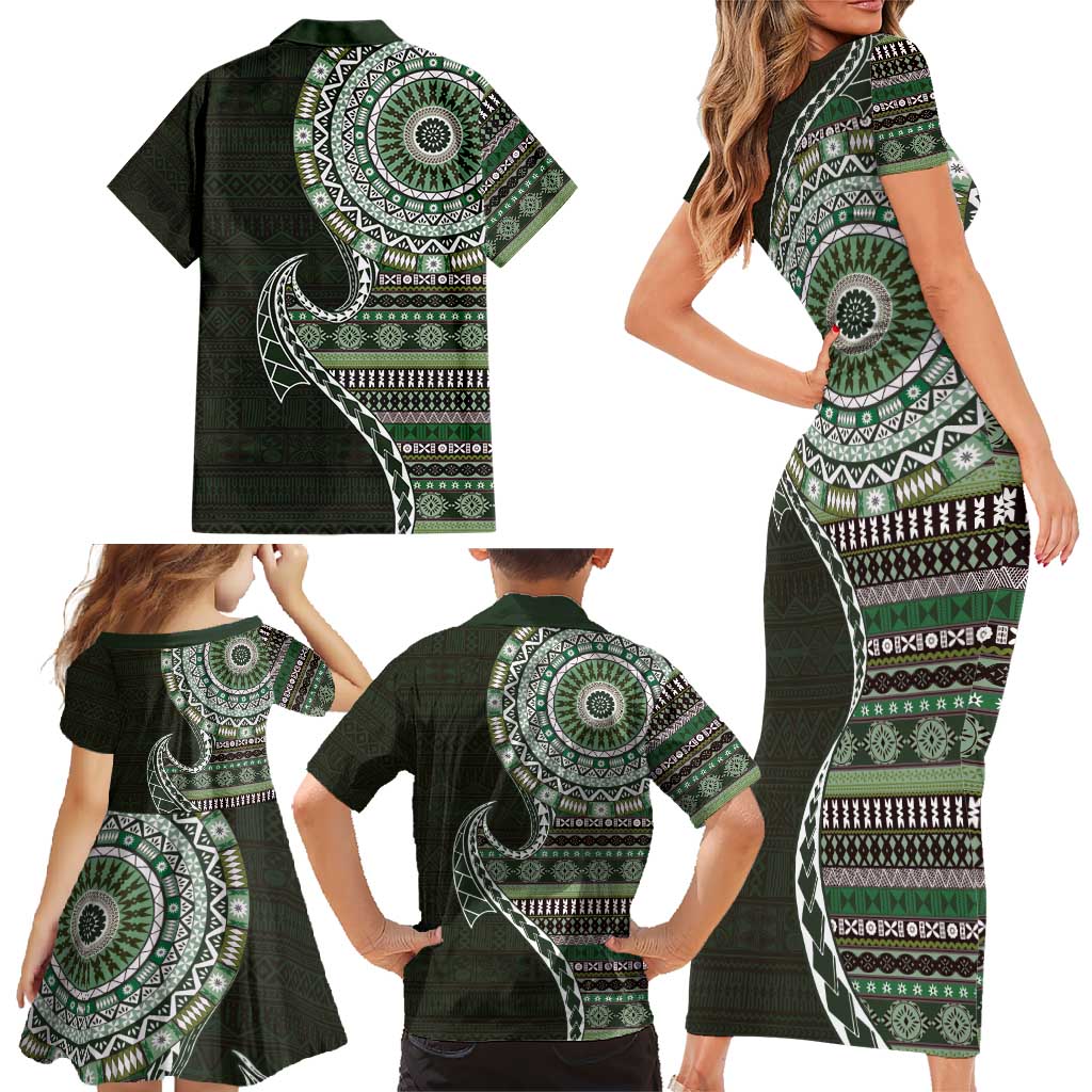 Fijian Masi Tribal Tattoos Art Pattern Family Matching Short Sleeve Bodycon Dress and Hawaiian Shirt Green Color Half Style - Polynesian Pride