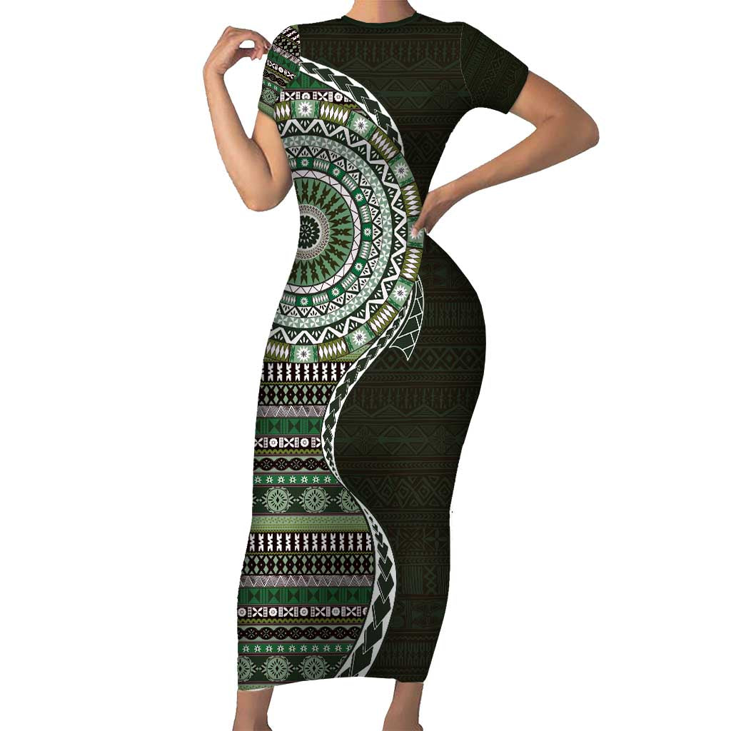 Fijian Masi Tribal Tattoos Art Pattern Family Matching Short Sleeve Bodycon Dress and Hawaiian Shirt Green Color Half Style - Polynesian Pride