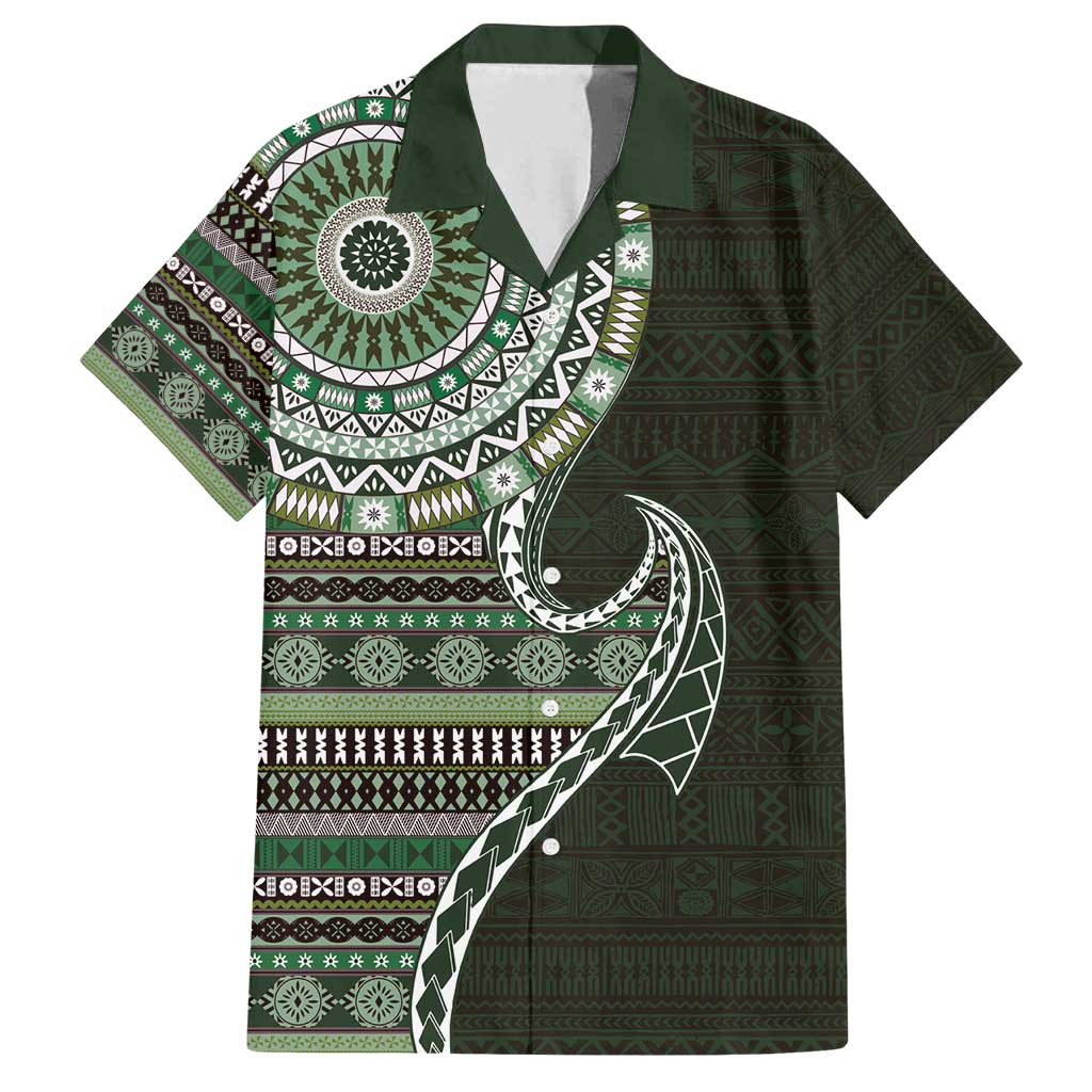 Fijian Masi Tribal Tattoos Art Pattern Family Matching Tank Maxi Dress and Hawaiian Shirt Green Color Half Style - Polynesian Pride