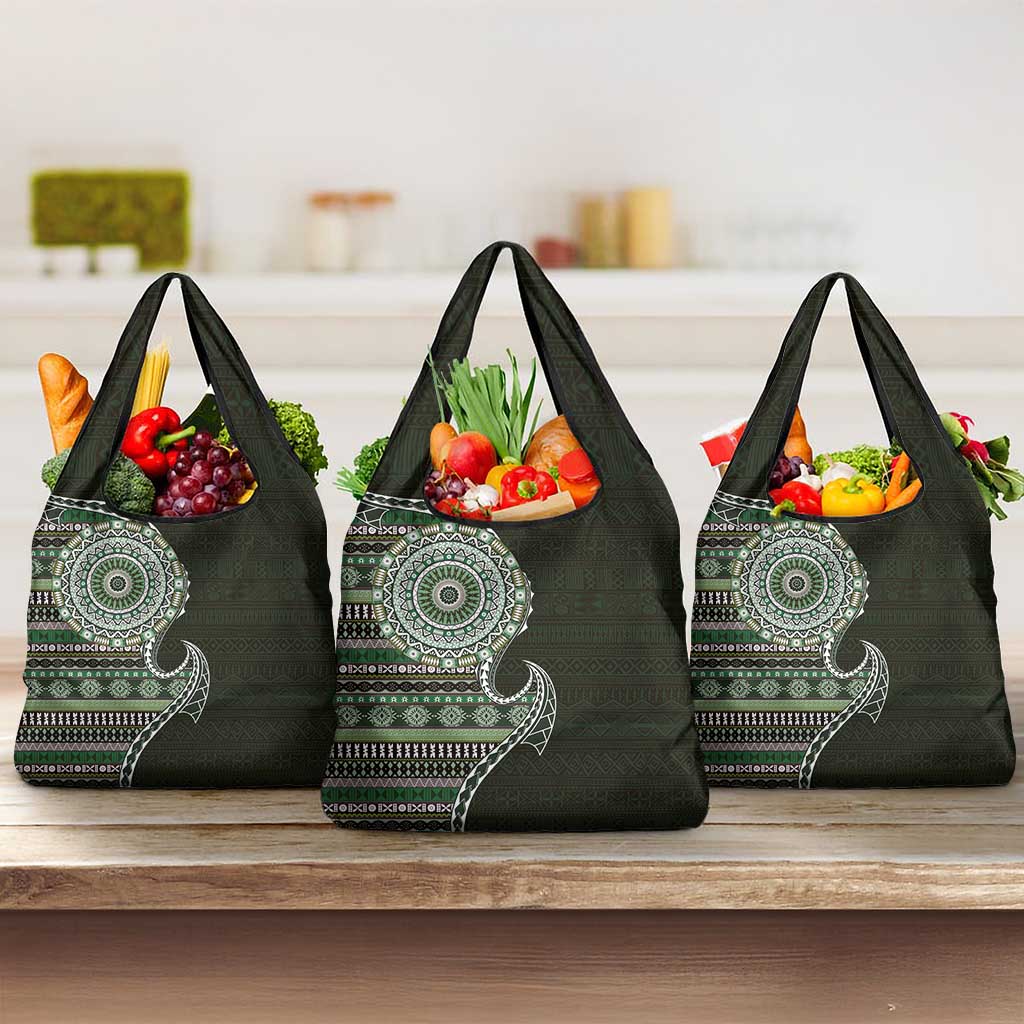 Fijian Masi Tribal Tattoos Art Pattern Grocery Bag Green Color Half Style - Polynesian Pride