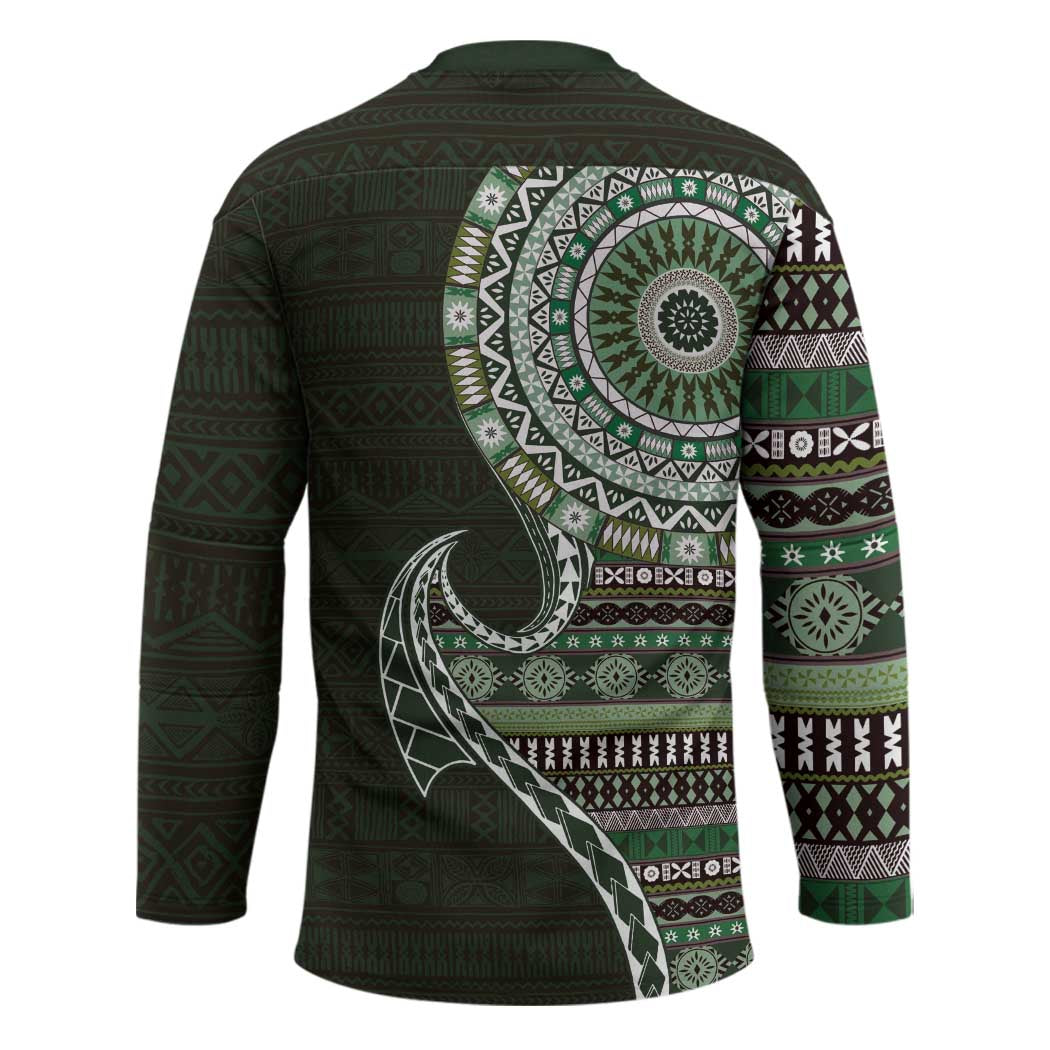 Fijian Masi Tribal Tattoos Art Pattern Hockey Jersey Green Color Half Style - Polynesian Pride