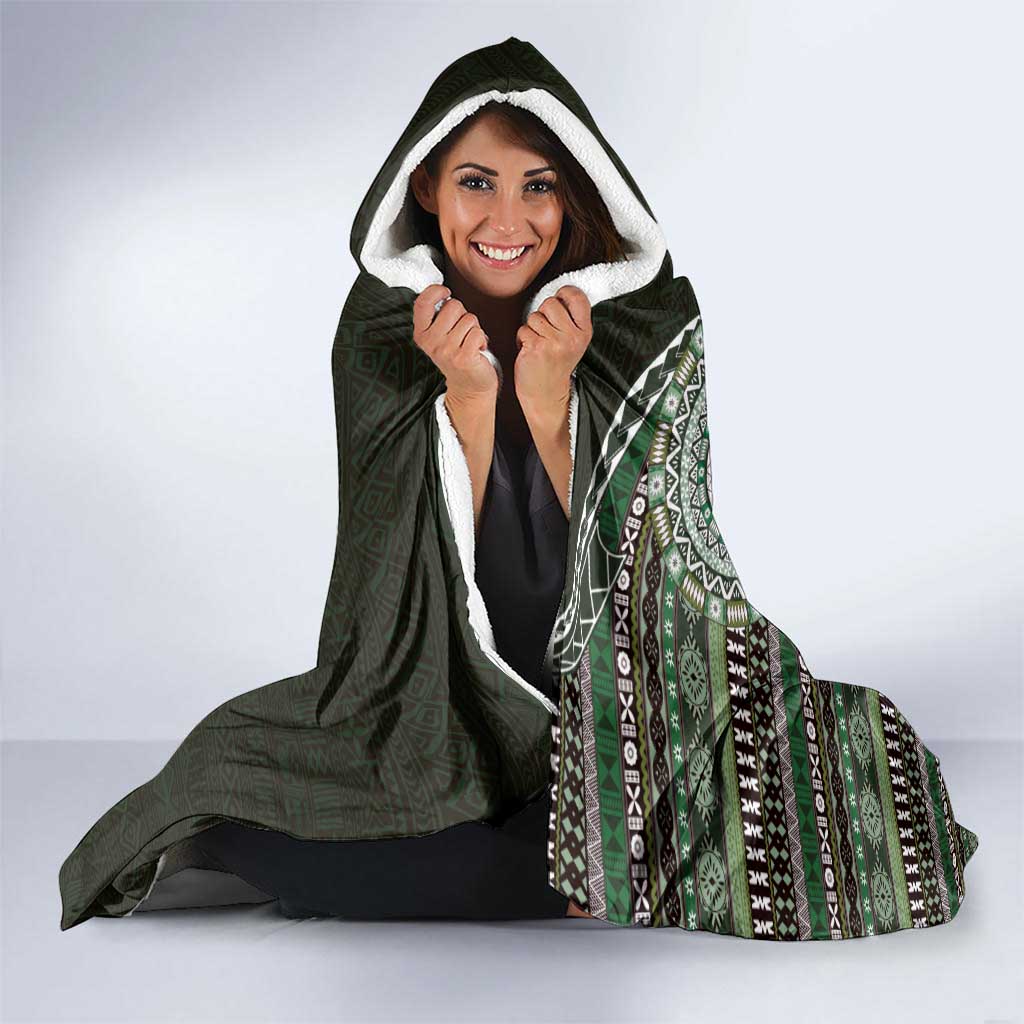 Fijian Masi Tribal Tattoos Art Pattern Hooded Blanket Green Color Half Style LT03 - Polynesian Pride