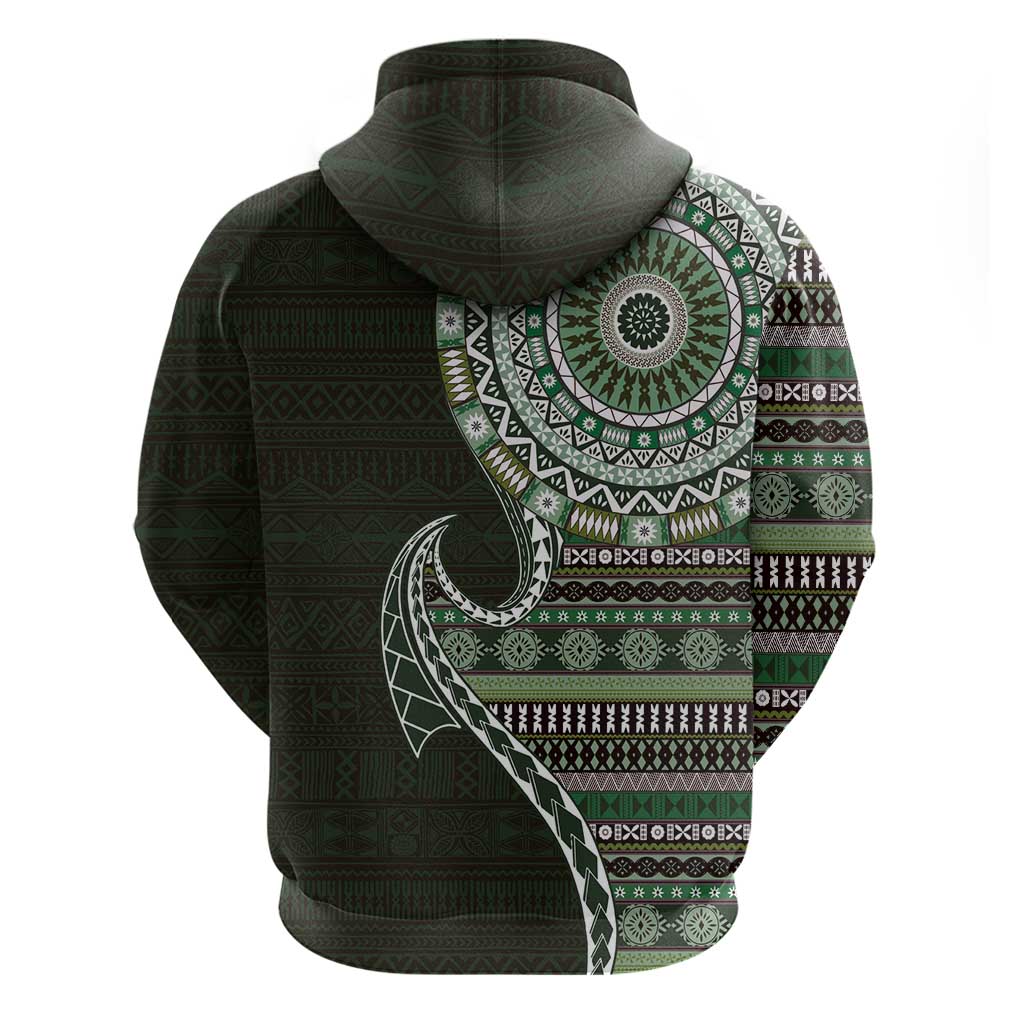 Fijian Masi Tribal Tattoos Art Pattern Hoodie Green Color Half Style - Polynesian Pride