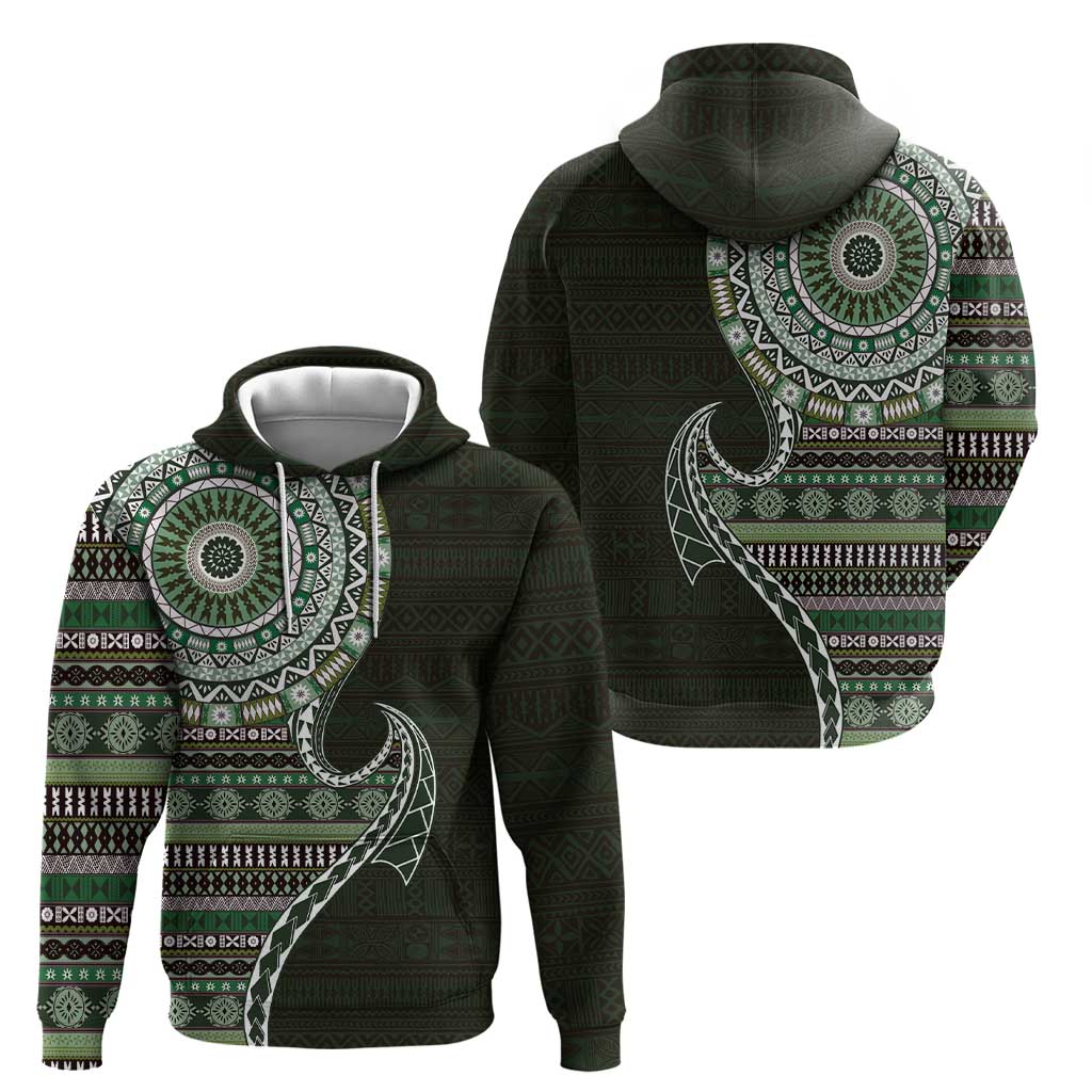 Fijian Masi Tribal Tattoos Art Pattern Hoodie Green Color Half Style - Polynesian Pride