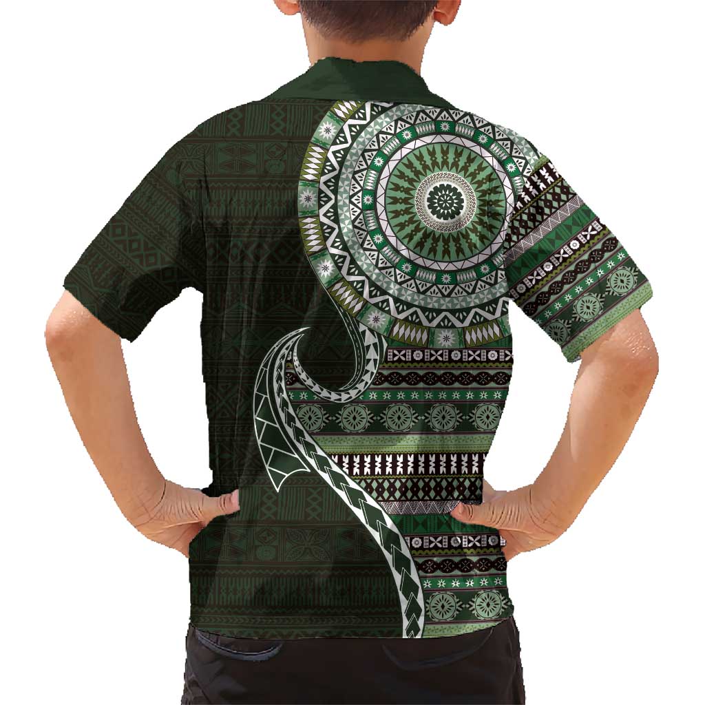 Fijian Masi Tribal Tattoos Art Pattern Kid Hawaiian Shirt Green Color Half Style LT03 - Polynesian Pride