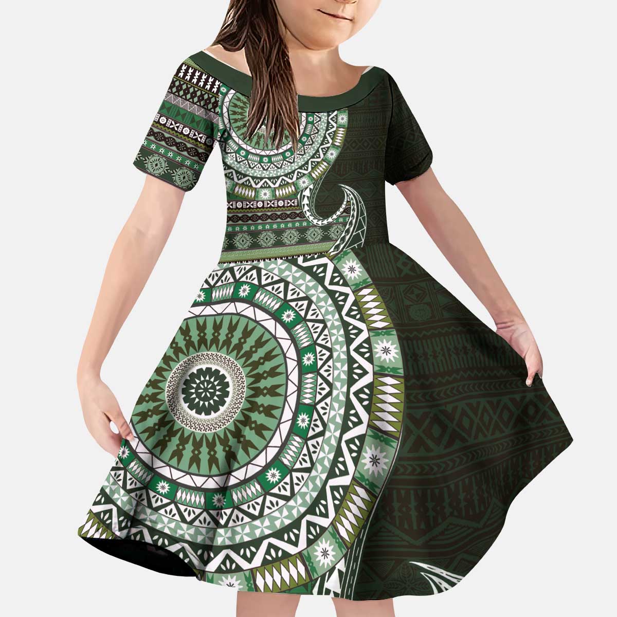 Fijian Masi Tribal Tattoos Art Pattern Kid Short Sleeve Dress Green Color Half Style LT03 KID Green - Polynesian Pride