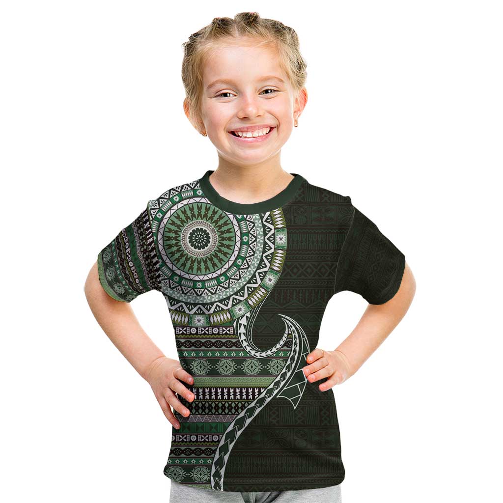 Fijian Masi Tribal Tattoos Art Pattern Kid T Shirt Green Color Half Style - Polynesian Pride