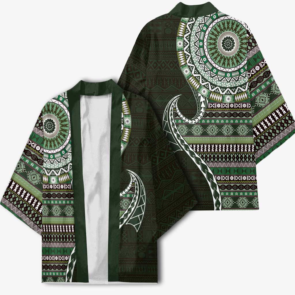 Fijian Masi Tribal Tattoos Art Pattern Kimono Green Color Half Style - Polynesian Pride