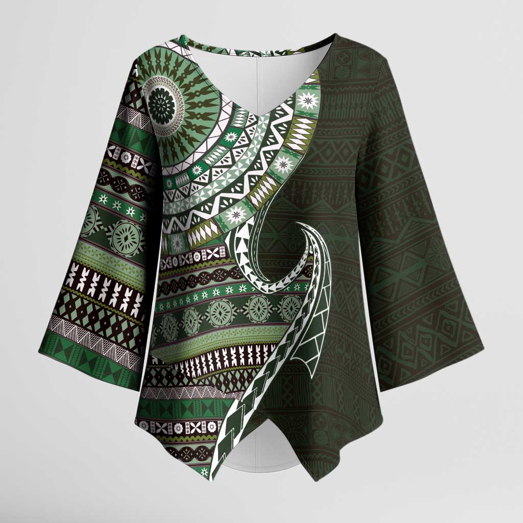 Fijian Masi Tribal Tattoos Art Pattern Kimono Sleeve Blouse Green Color Half Style - Polynesian Pride