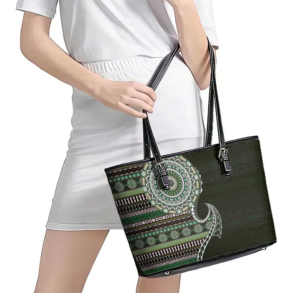 Fijian Masi Tribal Tattoos Art Pattern Leather Tote Bag Green Color Half Style - Polynesian Pride