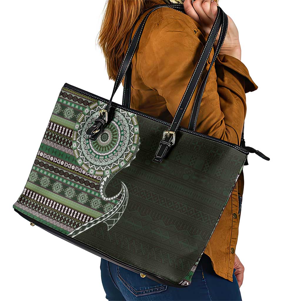 Fijian Masi Tribal Tattoos Art Pattern Leather Tote Bag Green Color Half Style - Polynesian Pride
