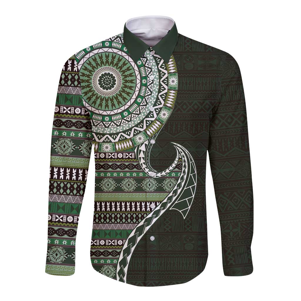 Fijian Masi Tribal Tattoos Art Pattern Long Sleeve Button Shirt Green Color Half Style LT03 Unisex Green - Polynesian Pride