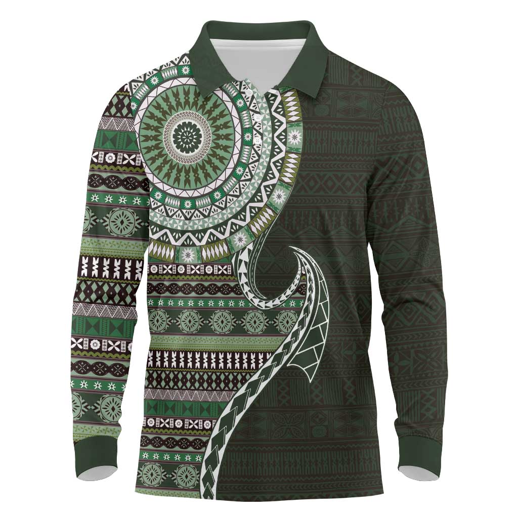 Fijian Masi Tribal Tattoos Art Pattern Long Sleeve Polo Shirt Green Color Half Style LT03 Green - Polynesian Pride