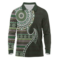 Fijian Masi Tribal Tattoos Art Pattern Long Sleeve Polo Shirt Green Color Half Style LT03 Green - Polynesian Pride