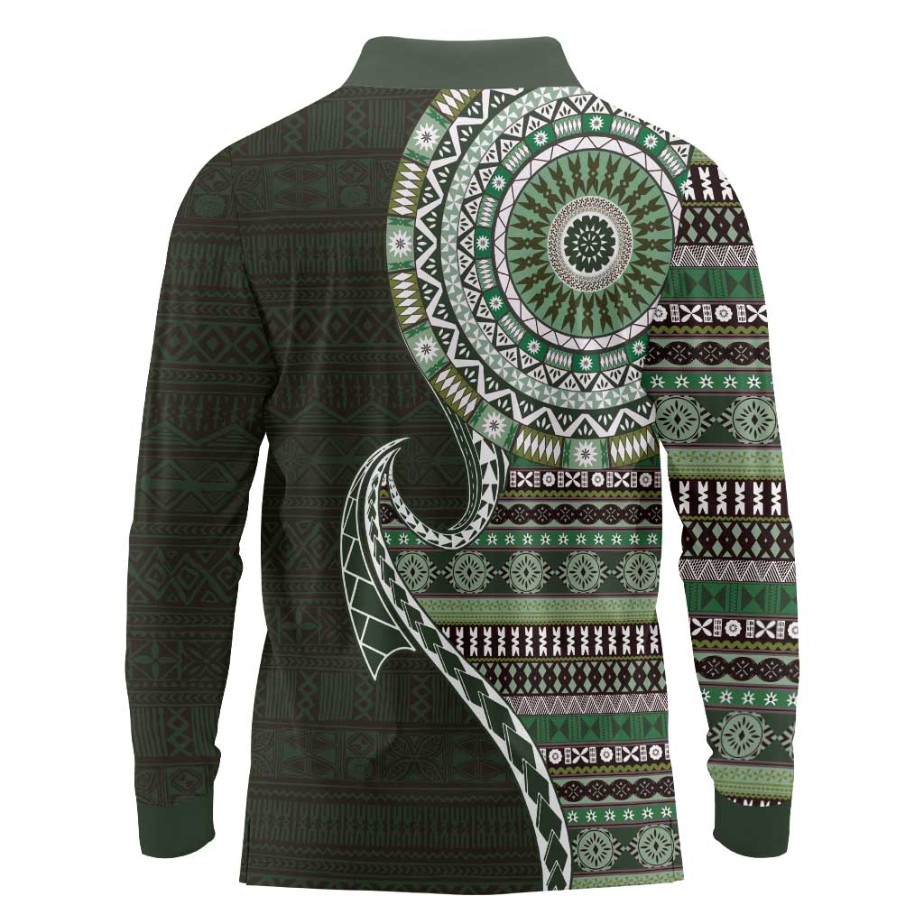 Fijian Masi Tribal Tattoos Art Pattern Long Sleeve Polo Shirt Green Color Half Style LT03 - Polynesian Pride