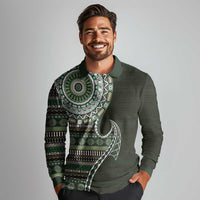 Fijian Masi Tribal Tattoos Art Pattern Long Sleeve Polo Shirt Green Color Half Style LT03 - Polynesian Pride