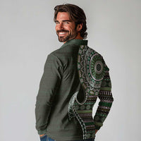 Fijian Masi Tribal Tattoos Art Pattern Long Sleeve Polo Shirt Green Color Half Style LT03 - Polynesian Pride