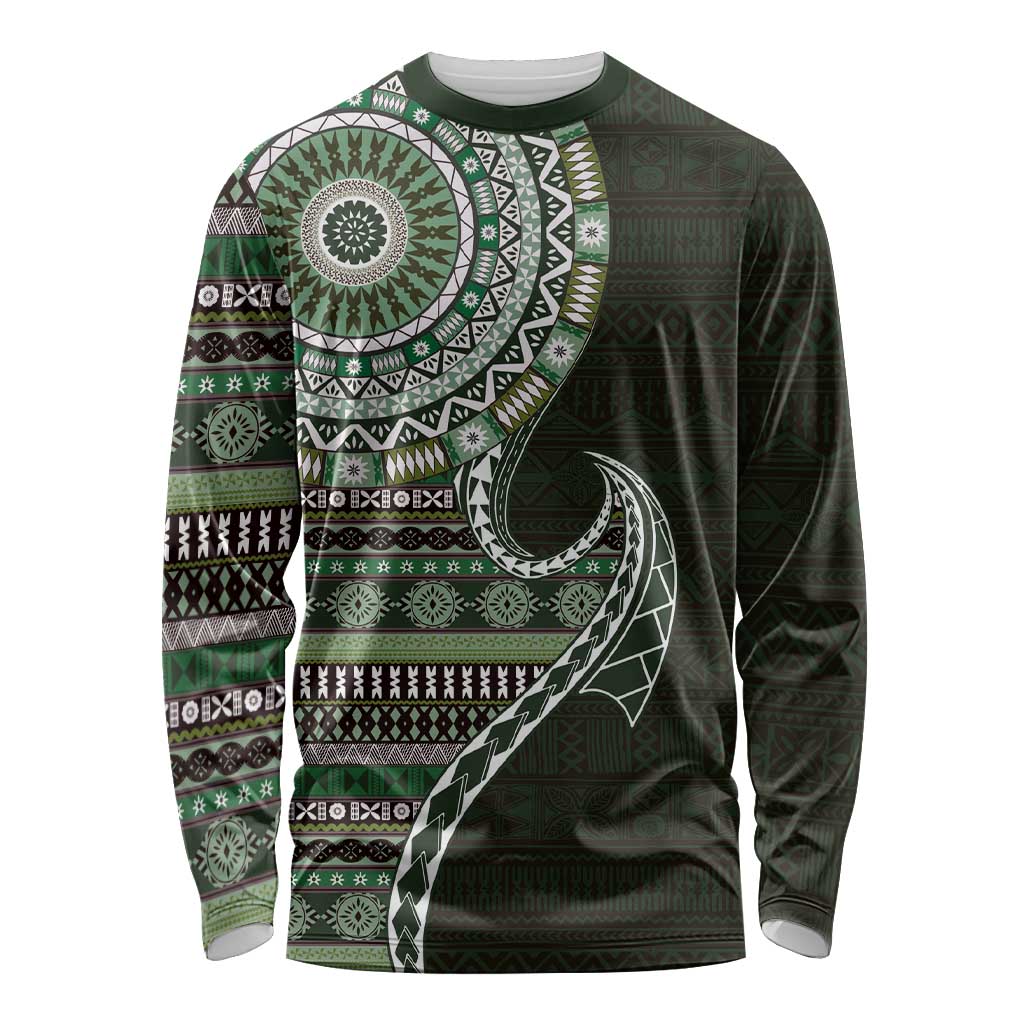 Fijian Masi Tribal Tattoos Art Pattern Long Sleeve Shirt Green Color Half Style LT03 Unisex Green - Polynesian Pride