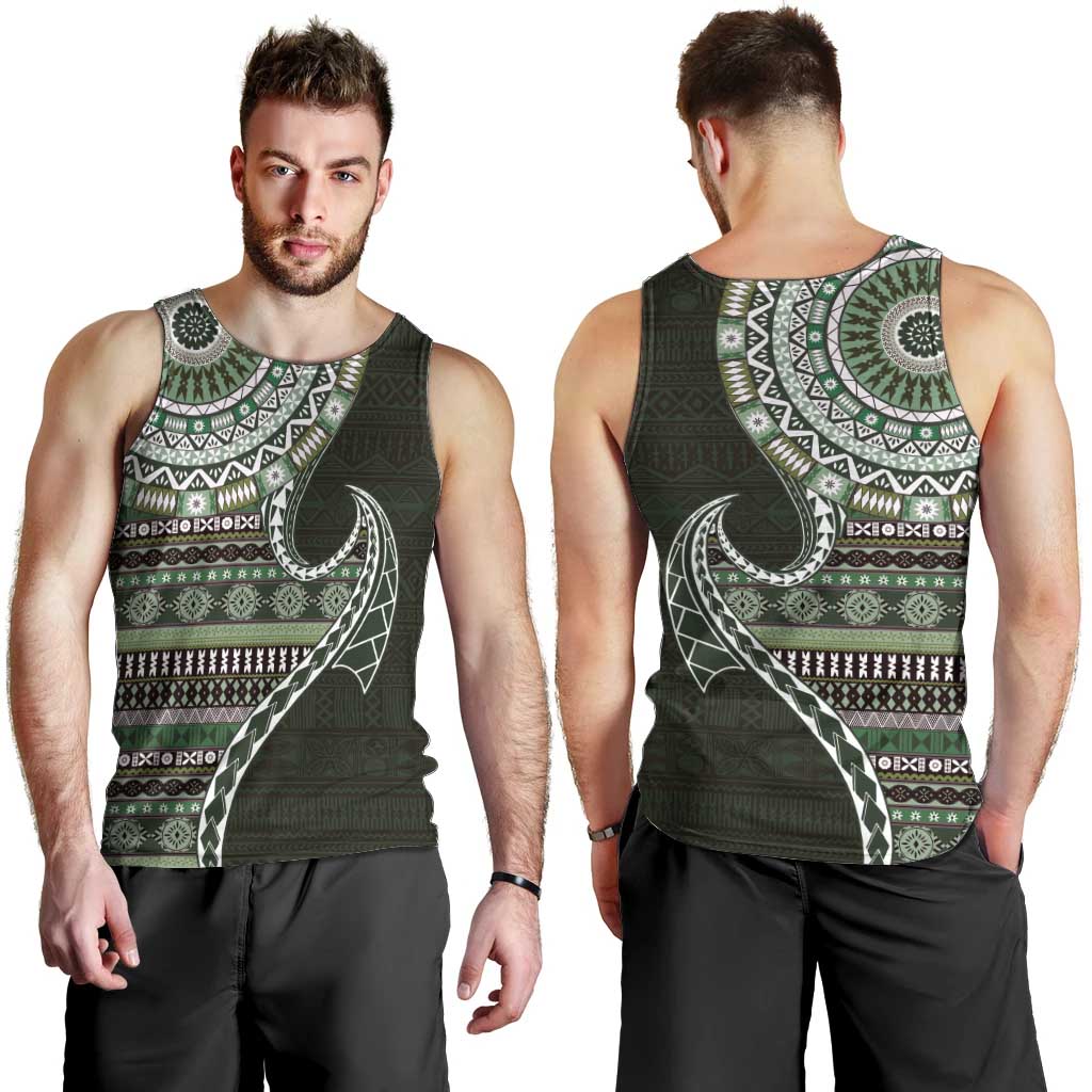 Fijian Masi Tribal Tattoos Art Pattern Men Tank Top Green Color Half Style - Polynesian Pride