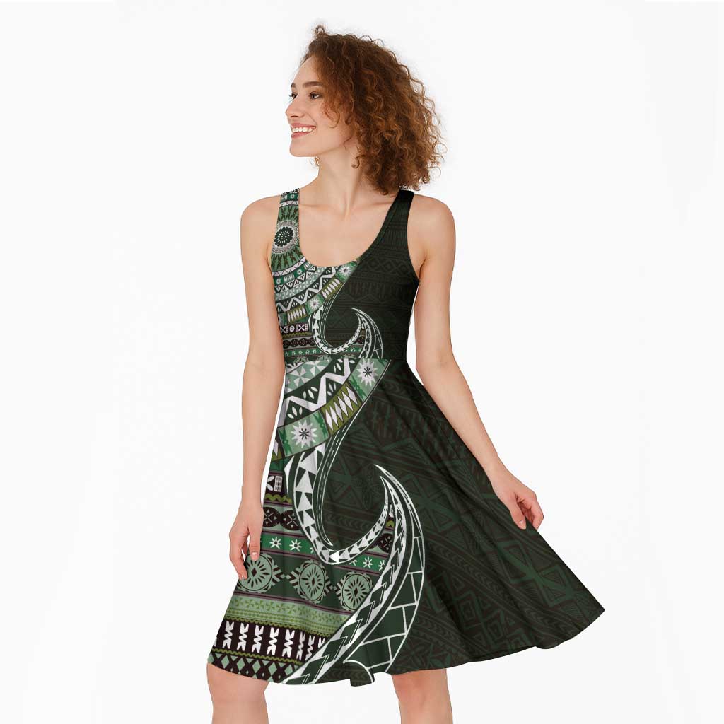 Fijian Masi Tribal Tattoos Art Pattern Midi Dress Green Color Half Style - Polynesian Pride