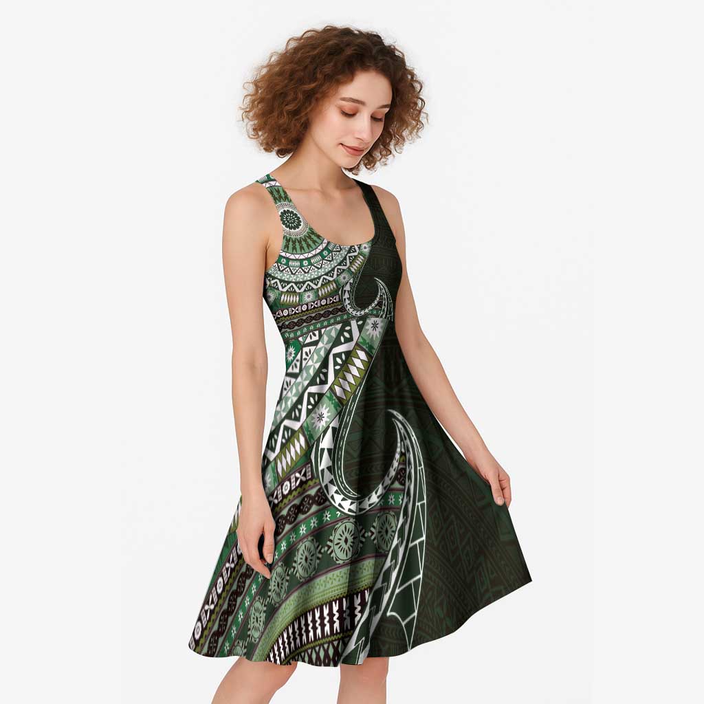 Fijian Masi Tribal Tattoos Art Pattern Midi Dress Green Color Half Style - Polynesian Pride