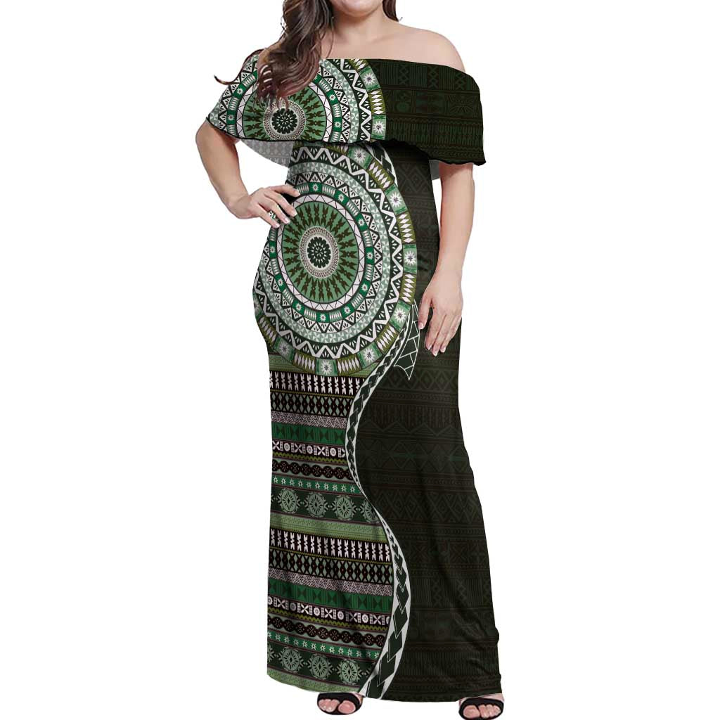 Fijian Masi Tribal Tattoos Art Pattern Off Shoulder Maxi Dress Green Color Half Style - Polynesian Pride