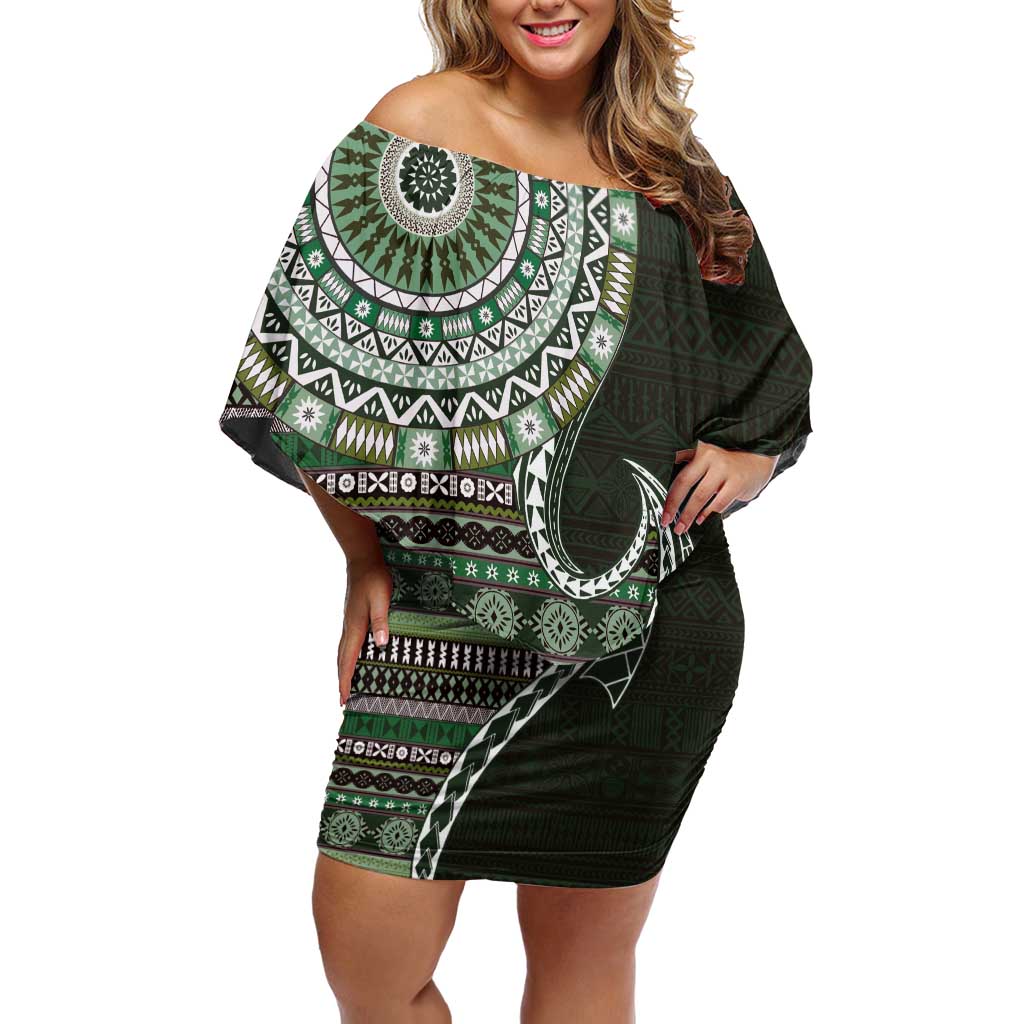 Fijian Masi Tribal Tattoos Art Pattern Off Shoulder Short Dress Green Color Half Style - Polynesian Pride