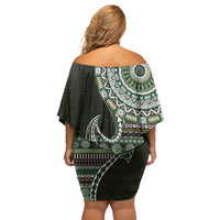 Fijian Masi Tribal Tattoos Art Pattern Off Shoulder Short Dress Green Color Half Style - Polynesian Pride