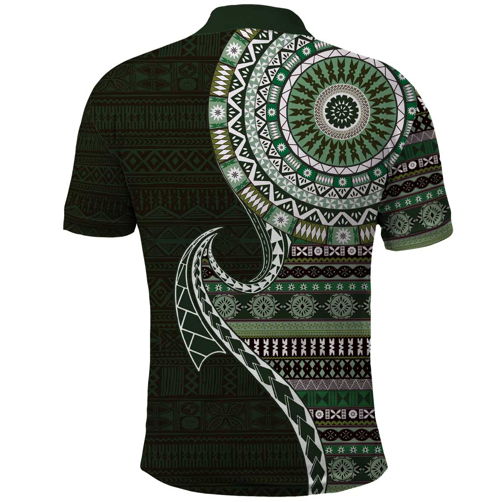 Fijian Masi Tribal Tattoos Art Pattern Polo Shirt Green Color Half Style LT03 - Polynesian Pride